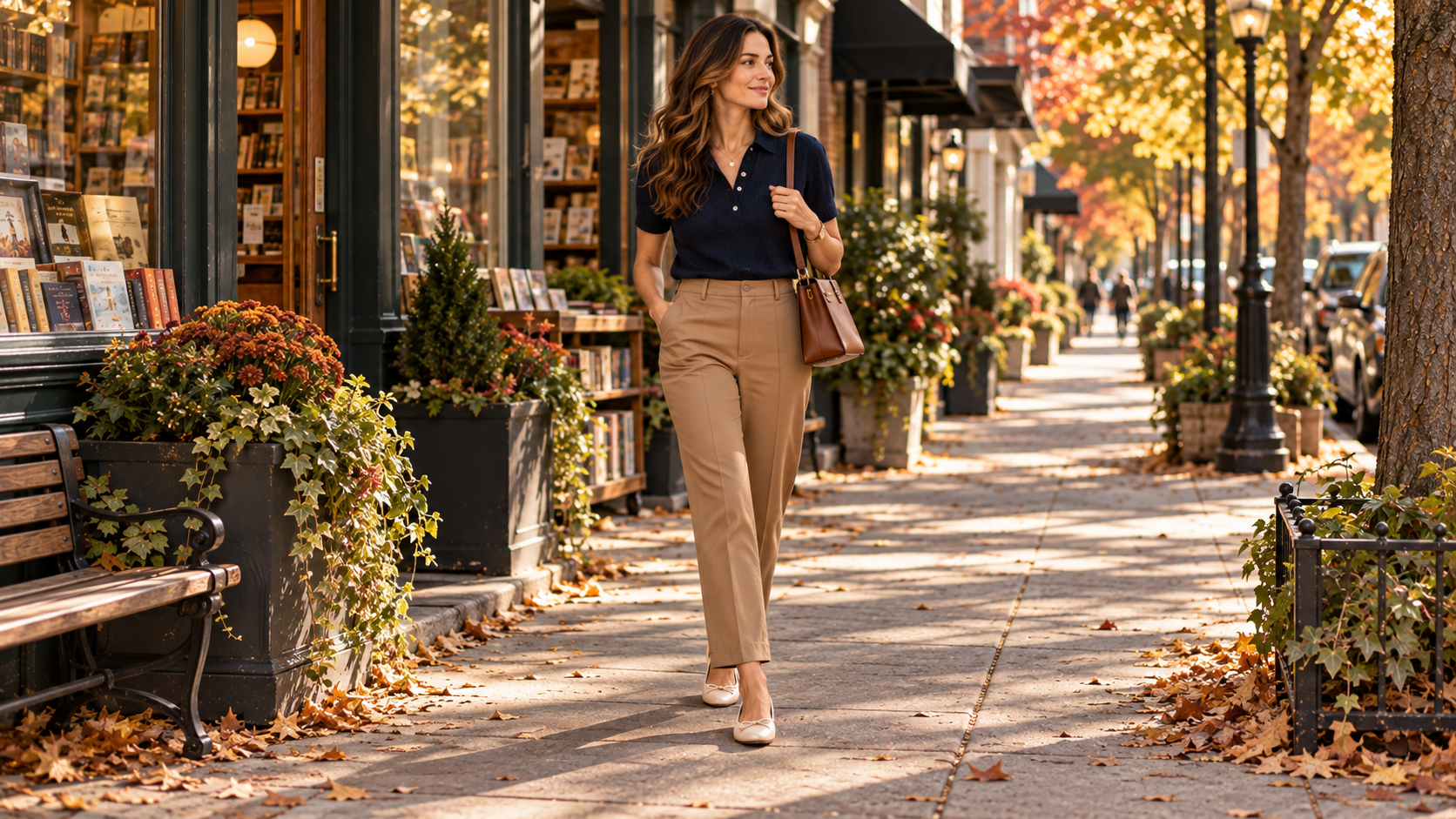 Breton Stripe Top with Khaki Trousers Lightweight Trench and Flats